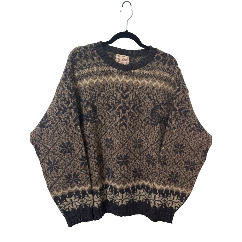 Woolrich Mens XL Vintage Wool Blend Fair Isle Snowflake Crewneck Sweater Brown